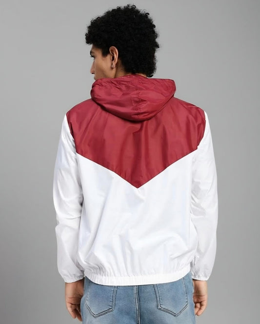 Men's Lightweight Hooded Windbreaker Jacket – White & Maroon