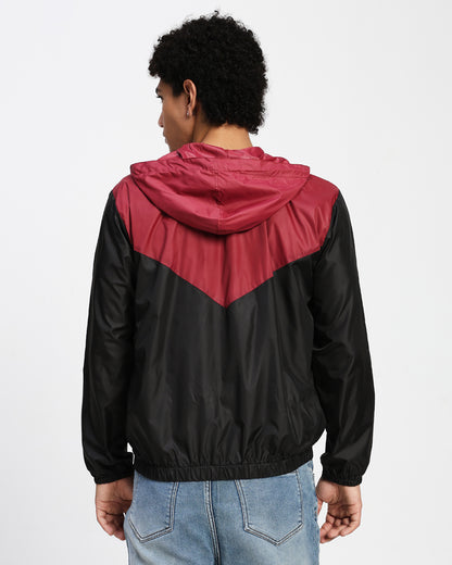 Men's Lightweight Hooded Windbreaker Jacket – Black & Maroon