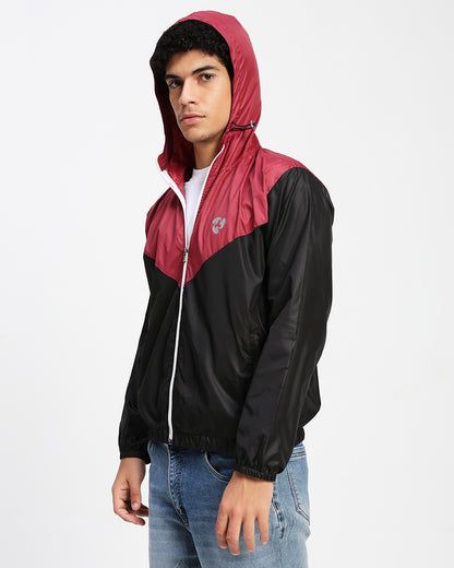 Men's Lightweight Hooded Windbreaker Jacket – Black & Maroon