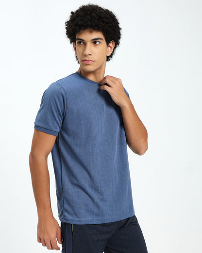 Men’s Steel Blue Ribbed Crew Neck T-Shirt