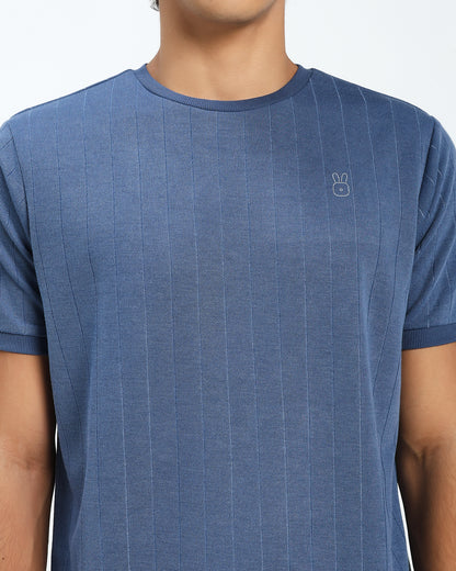Men’s Steel Blue Ribbed Crew Neck T-Shirt