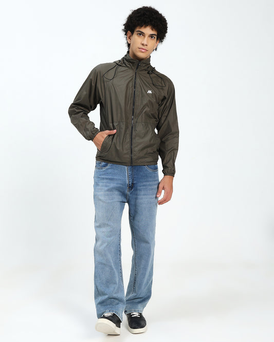 Men’s Lightweight Olive Green Hooded Windbreaker Jacket