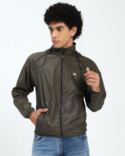 Men’s Lightweight Olive Green Hooded Windbreaker Jacket