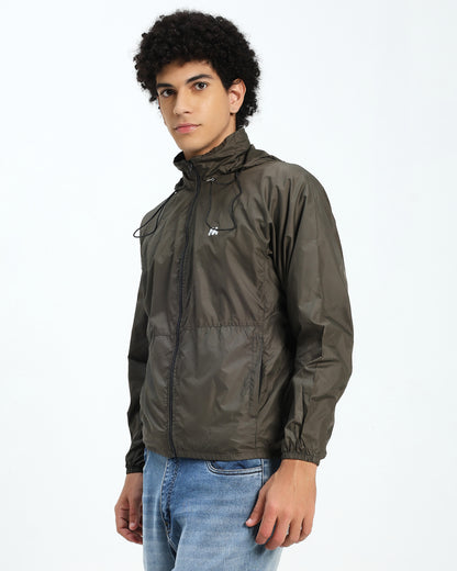 Men’s Lightweight Olive Green Hooded Windbreaker Jacket