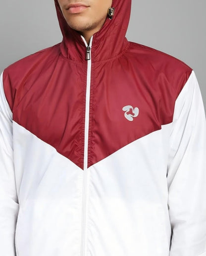 Men's Lightweight Hooded Windbreaker Jacket – White & Maroon