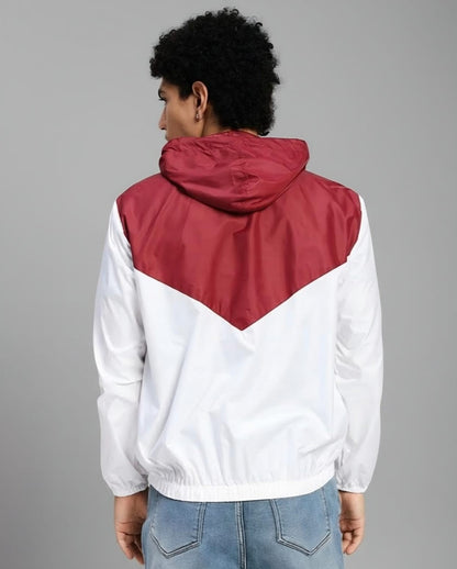 Men's Lightweight Hooded Windbreaker Jacket – White & Maroon