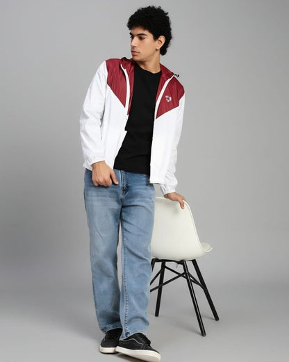 Men's Lightweight Hooded Windbreaker Jacket – White & Maroon