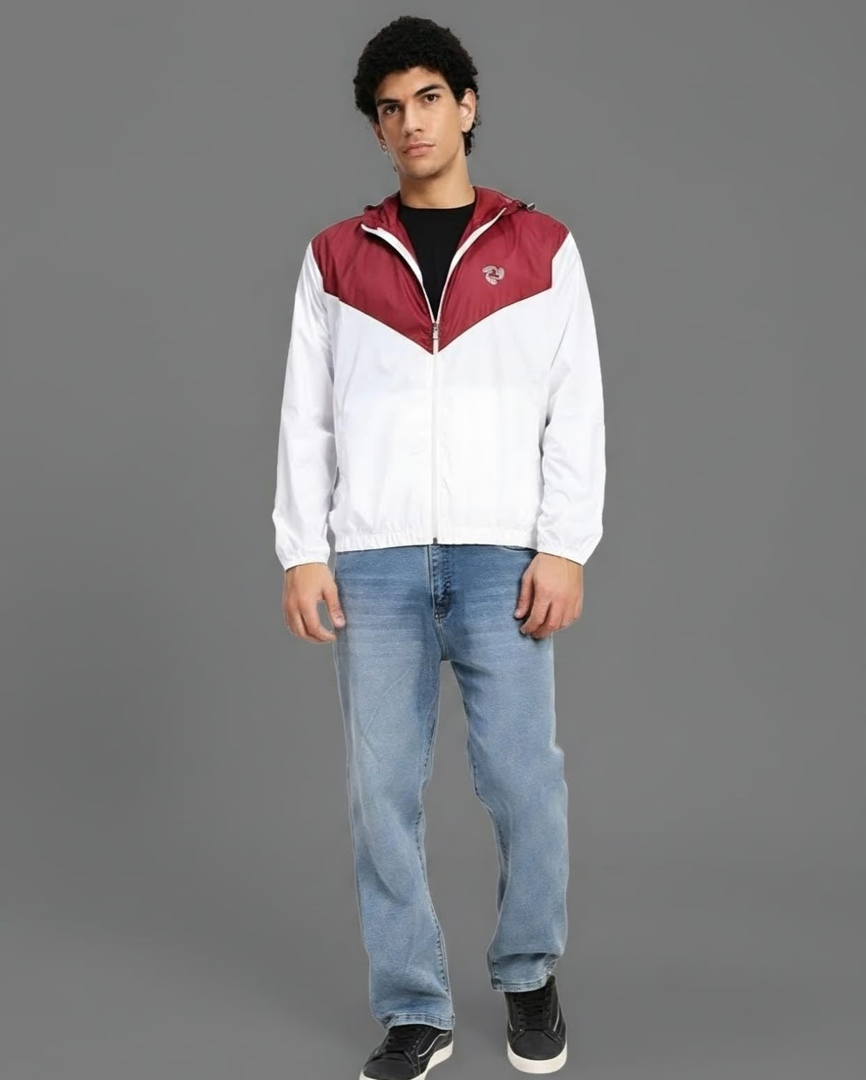 Men's Lightweight Hooded Windbreaker Jacket – White & Maroon