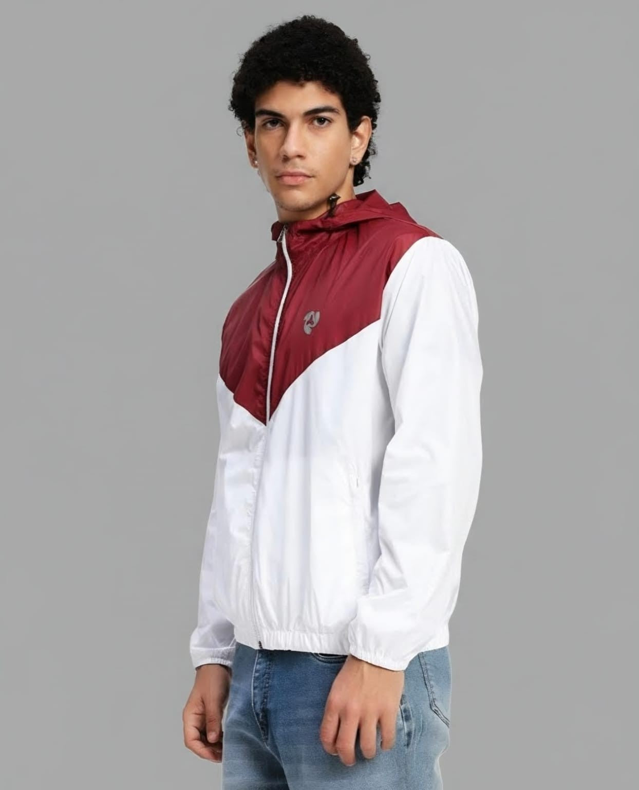Men's Lightweight Hooded Windbreaker Jacket – White & Maroon