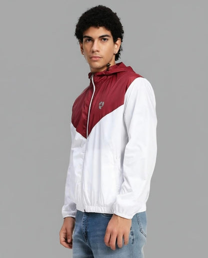Men's Lightweight Hooded Windbreaker Jacket – White & Maroon