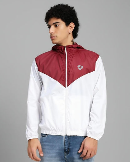 Men's Lightweight Hooded Windbreaker Jacket – White & Maroon